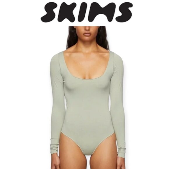 Skims Long Sleeve Bodysuit Agave Green XS S - Picture 2 of 11